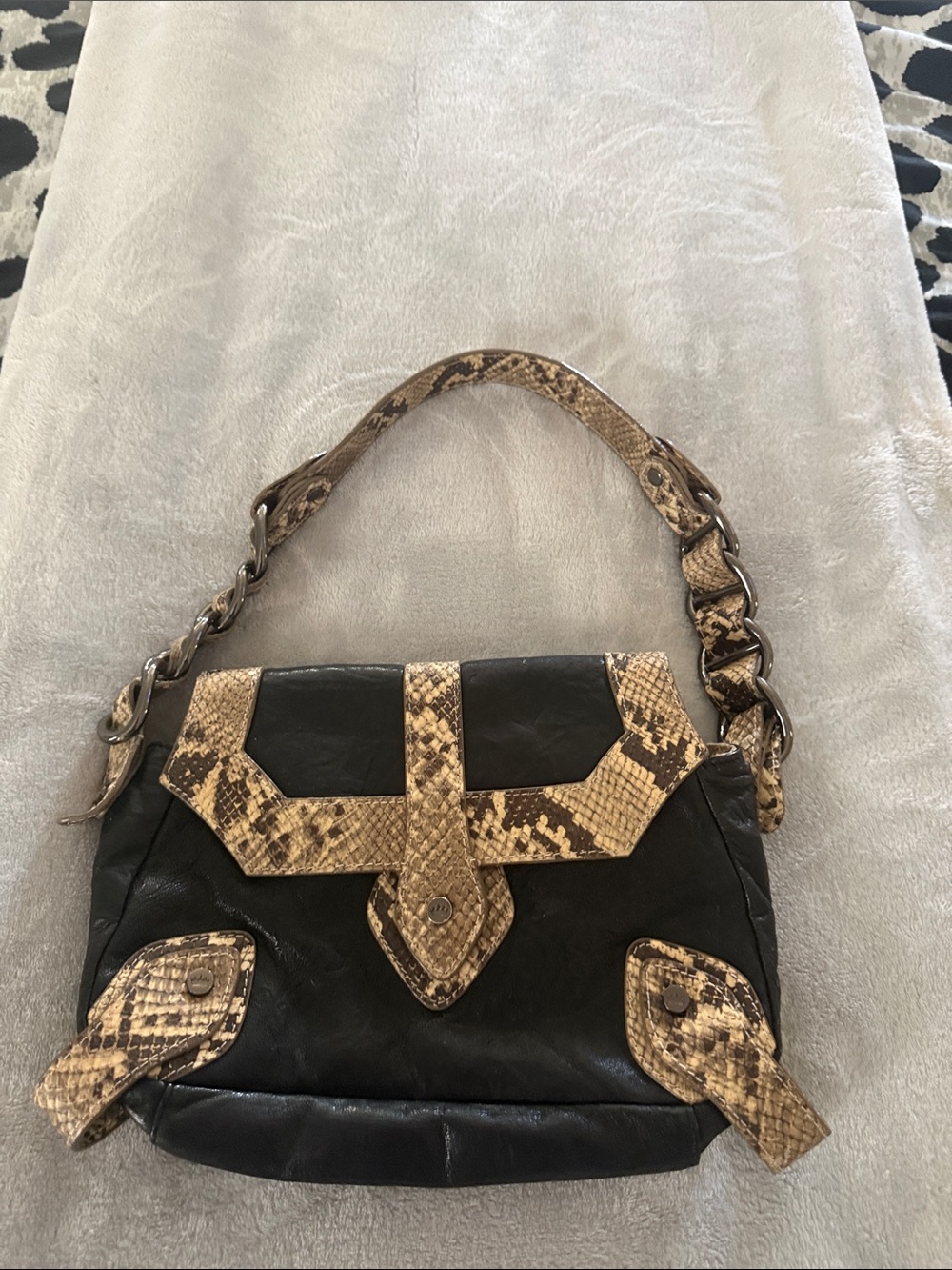 Elaine Turner Black Shoulder Bag with Tan Snakeskin Accents